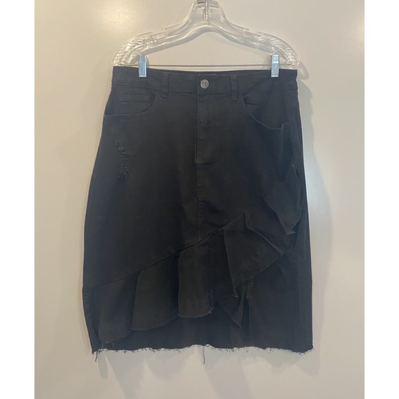 Ashley Stewart Dresses & Skirts - Ashley Stewart Black Denim Ruffle Front Distressed Skirt Size 12 Frayed Hem